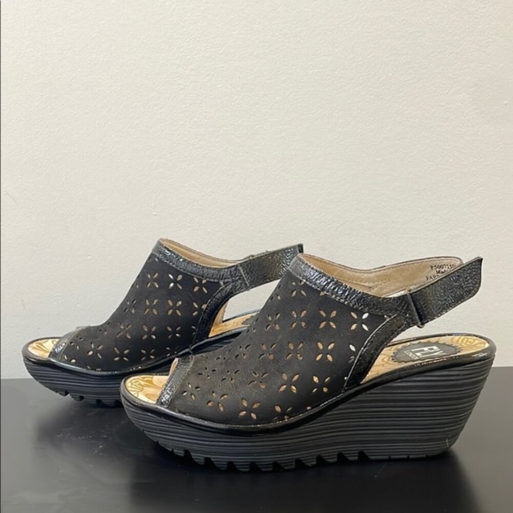 FLY London Yile Black Leather Perforated wedge platform Sandals Open Toe